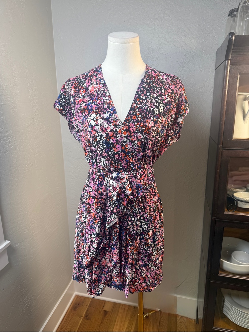 Maje Floral Faux Wrap Mini DressBlack Pink Viscose Size M